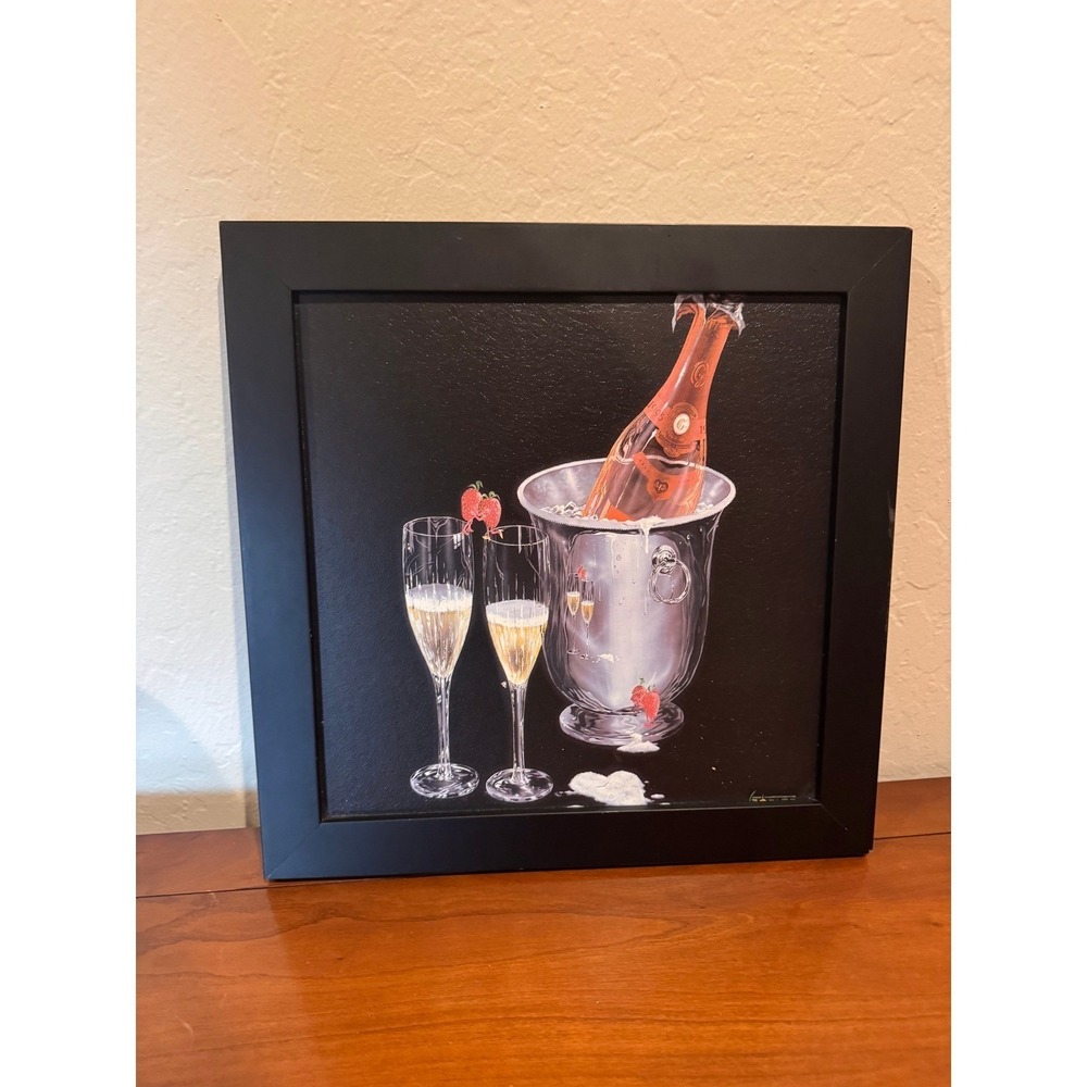 VTG Michael GODARD Framed Champagne Kiss 13x13 Painting Art Contemporary Bar